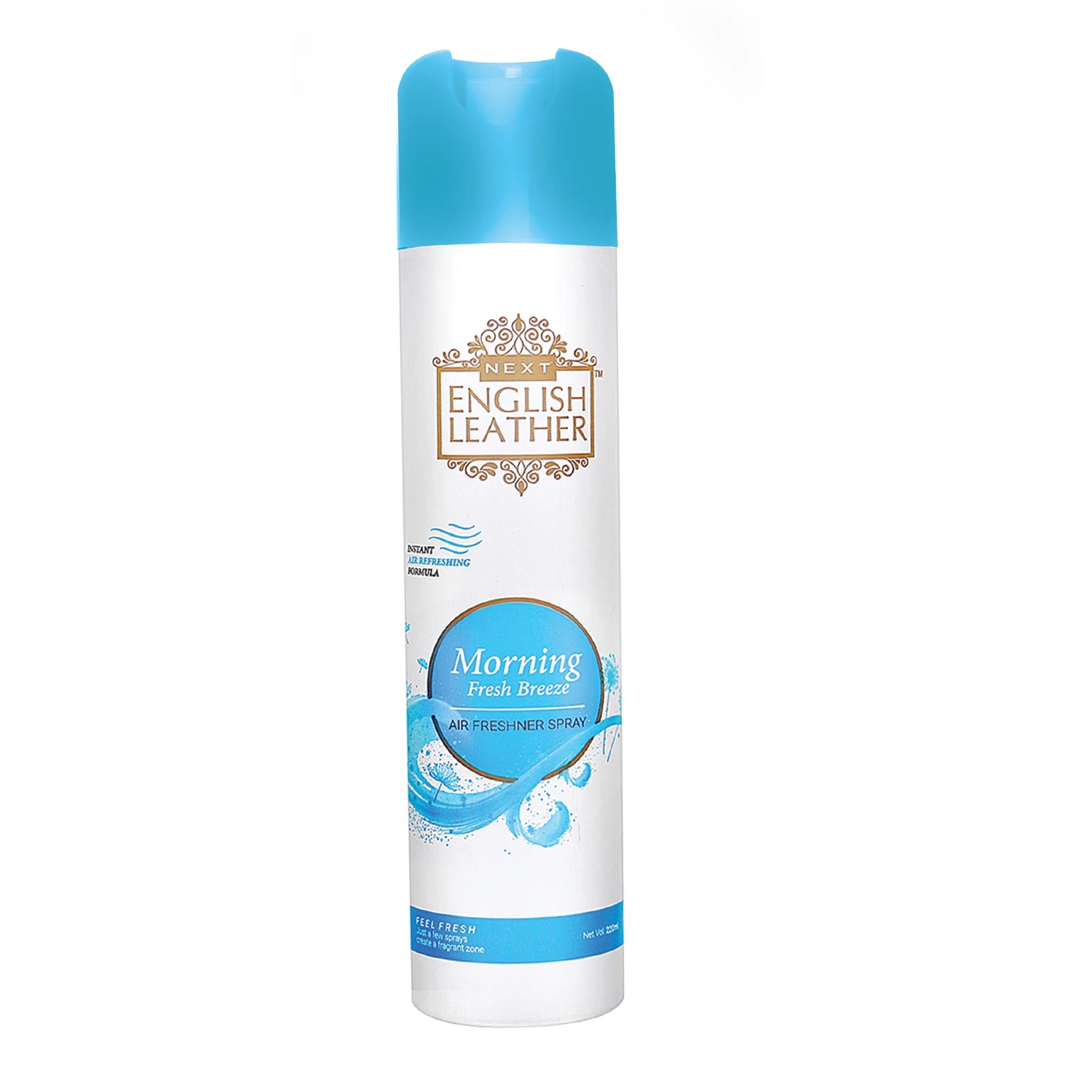 Wukusy Next English Leather Morning Fresh Breeze air freshener spray bottle, 220ml, with a sleek design and fresh scent label.
