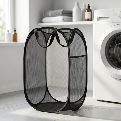 Large Wukusy foldable mesh laundry basket, durable clothes hamper with 36x36x60cm size and breathable mesh design.