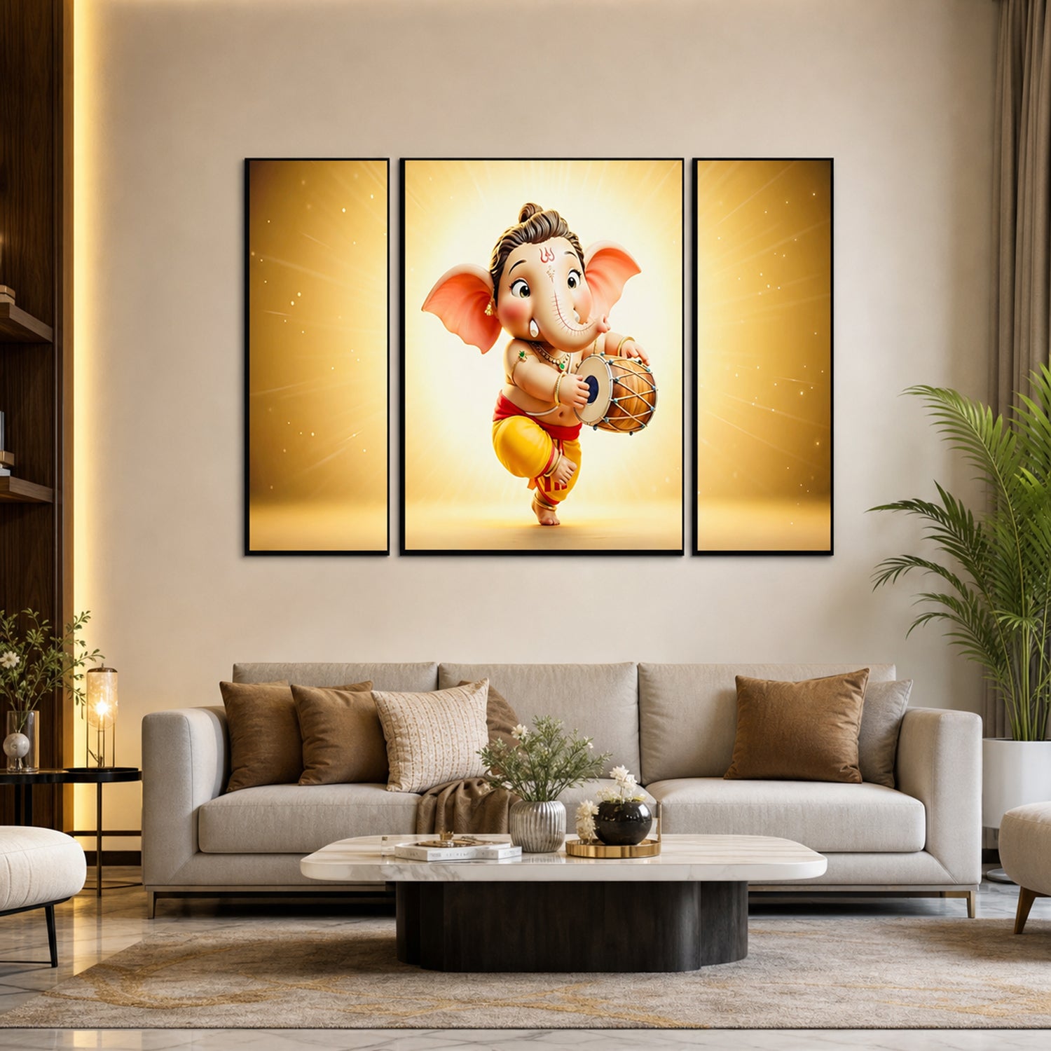 Ganesha 3-panel MDF wall frame home decor religious art, featuring intricate Hindu deity design, 16.5x12 inches, by Wukusy.