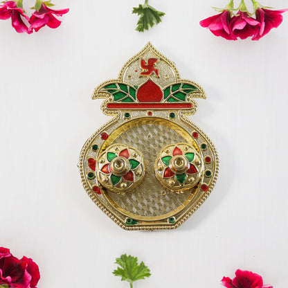 Decorative plastic Kalash-shaped double Kumkum box with mixed design, ideal for home and kitchen use, by Wukusy.