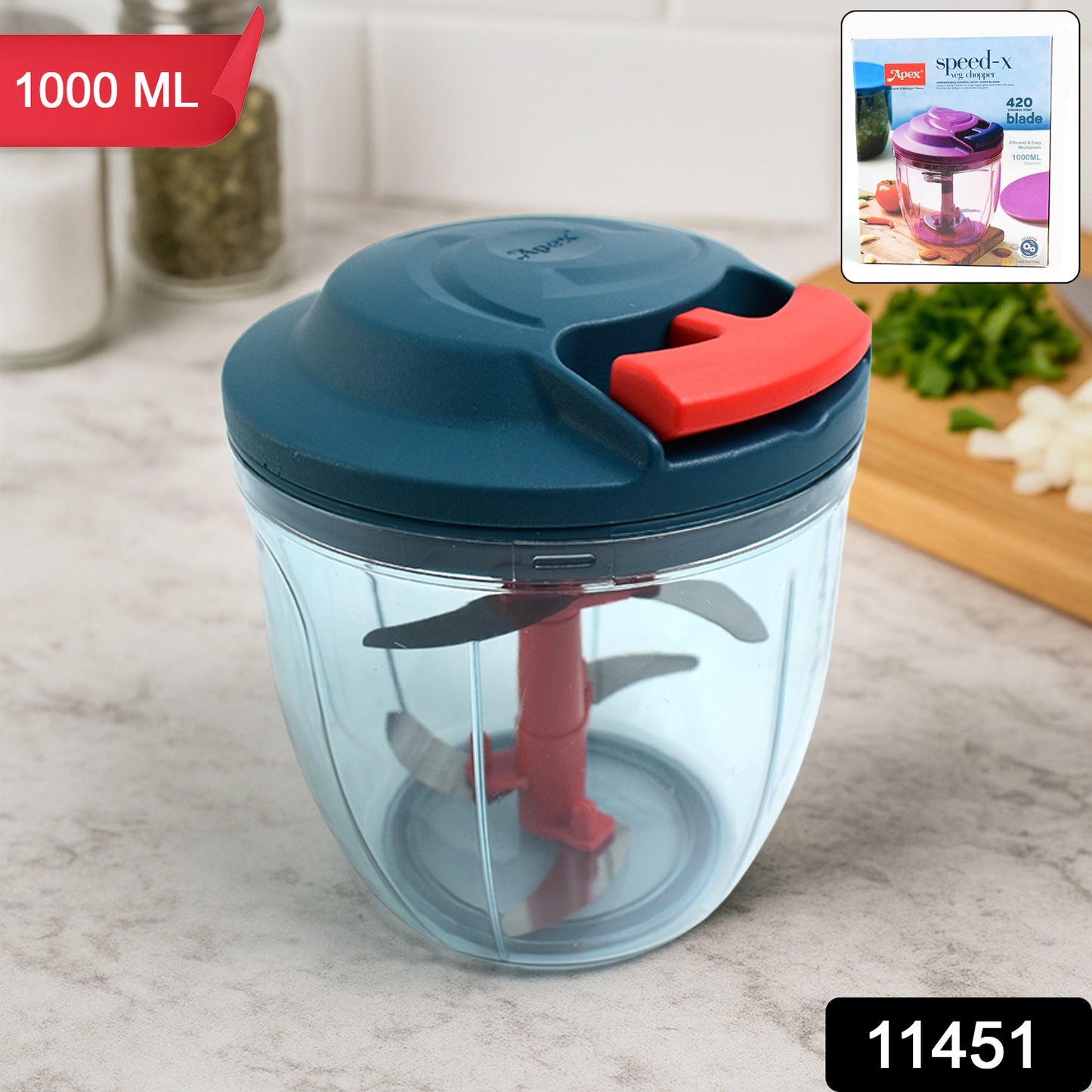 Wukusy Apex Speed-x hand-powered vegetable chopper with 1000ml capacity, featuring a clear container and stainless steel blades.