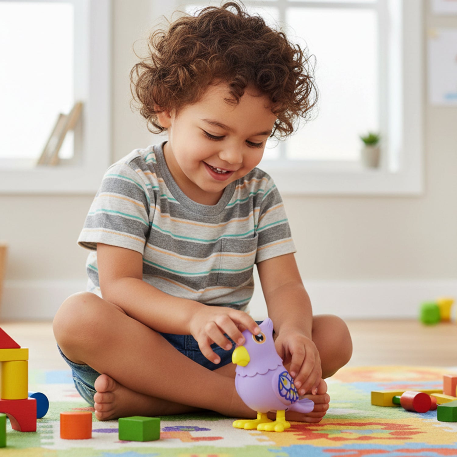 Wukusy key-operated jumping bird toy for kids, featuring colorful plastic bird with key mechanism for interactive play.