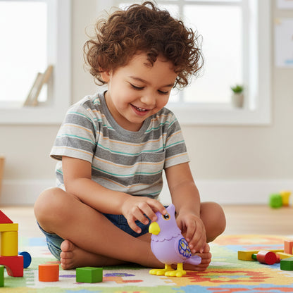 Wukusy key-operated jumping bird toy for kids, featuring colorful plastic bird with key mechanism for interactive play.