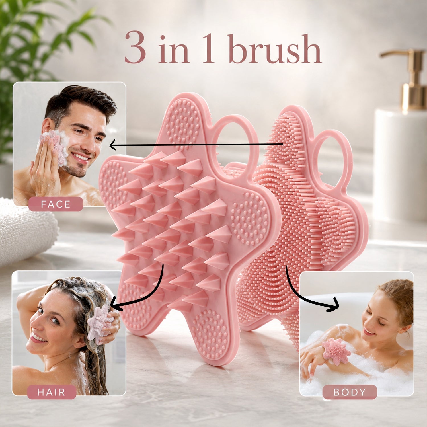 Wukusy 3-in-1 silicone scalp massager brush for face, hair, and body cleansing with soft, flexible bristles on a white background.
