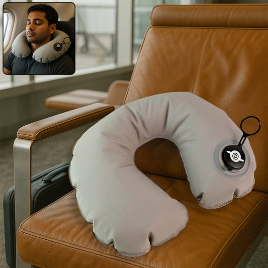 Wukusy premium inflatable travel neck pillow in soft fabric, supporting neck and head during flights or travel.