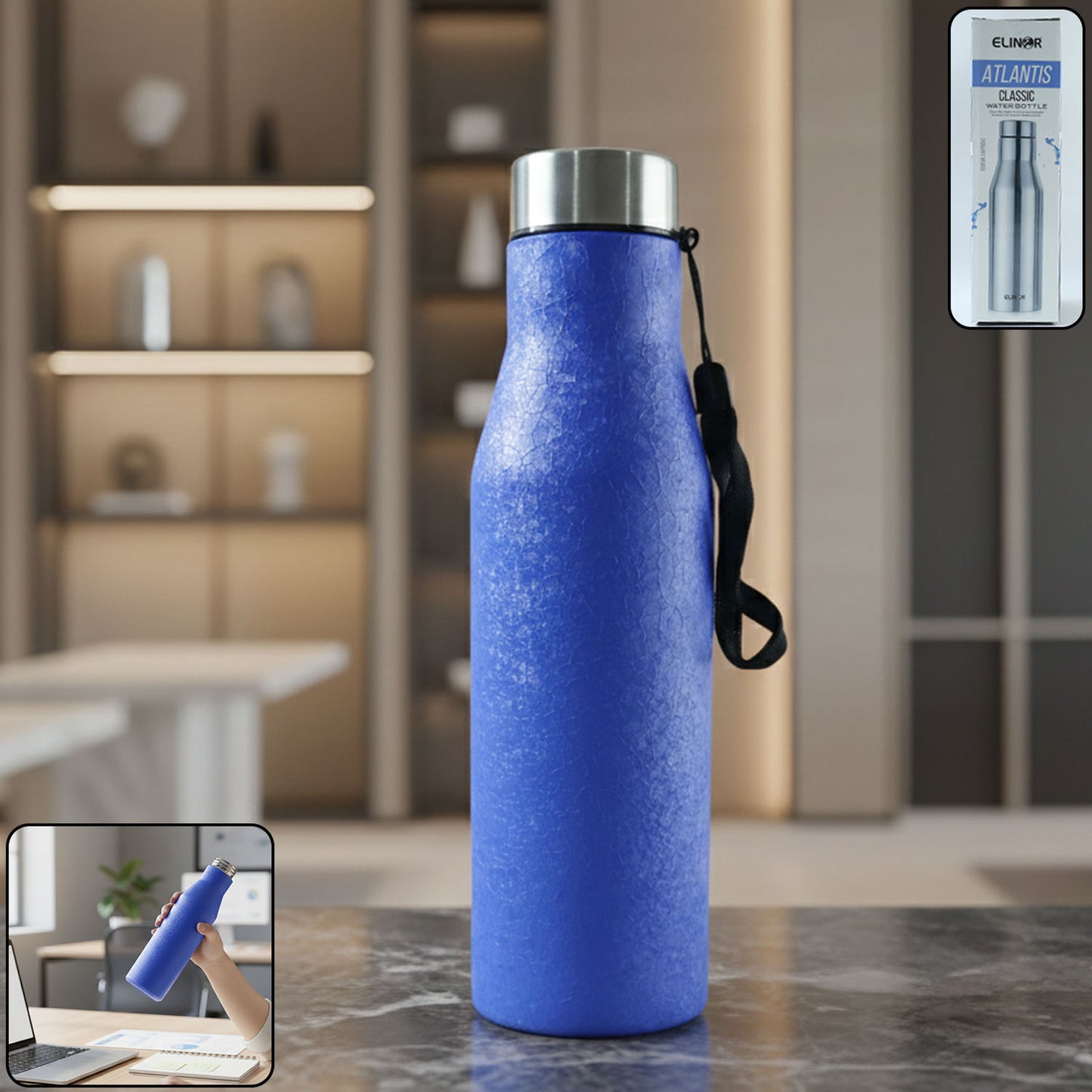 Wukusy classic stainless steel water bottle in blue, 1000 ml capacity, with a sleek cylindrical design and screw-on lid.