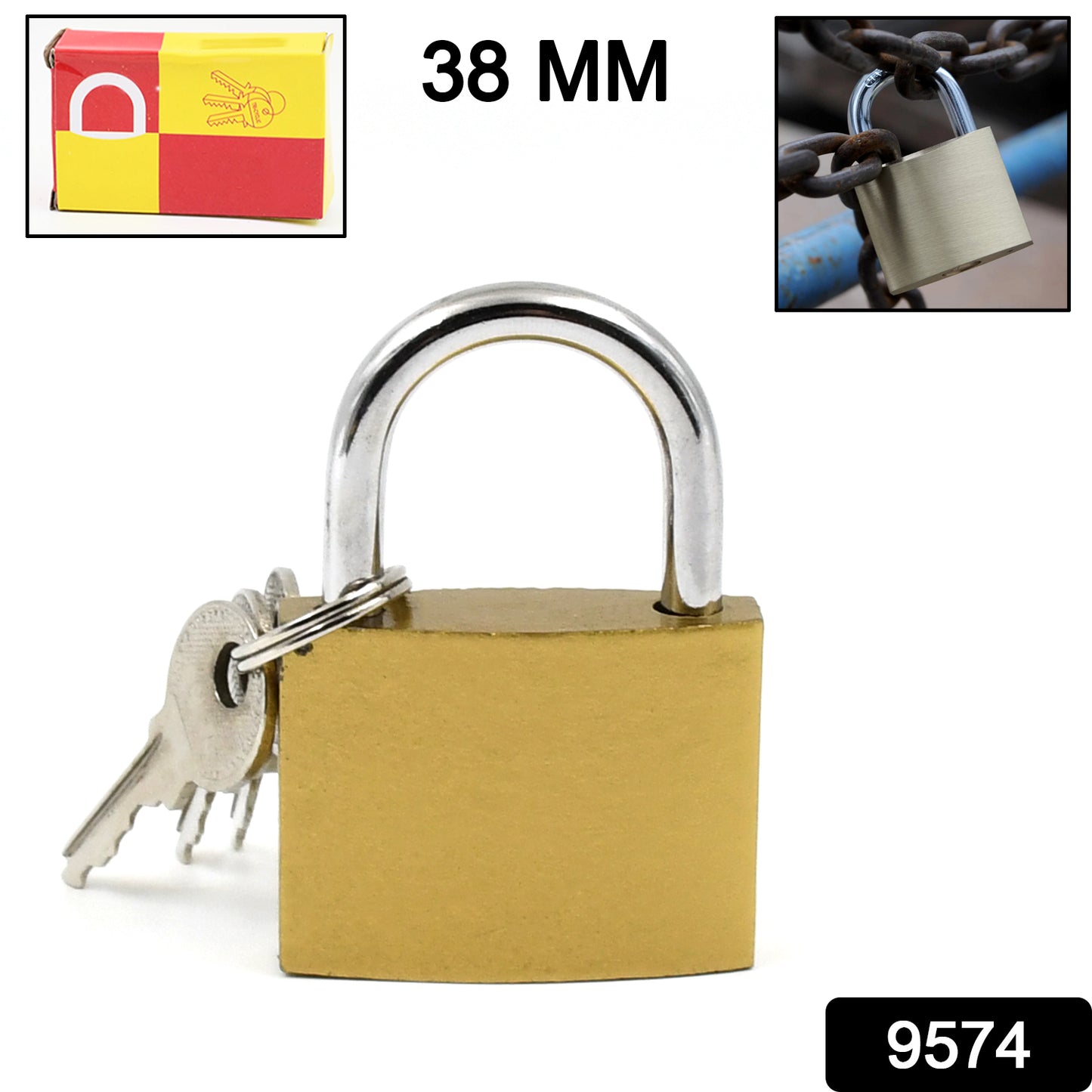 Wukusy solid 3 keys padlock, 38mm, used for home security and improvement, with a metal body and keyhole visible.