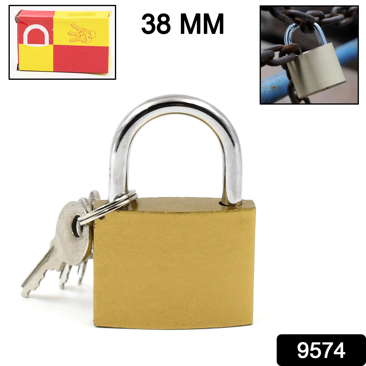 Wukusy solid 3 keys padlock, 38mm, used for home security and improvement, with a metal body and keyhole visible.