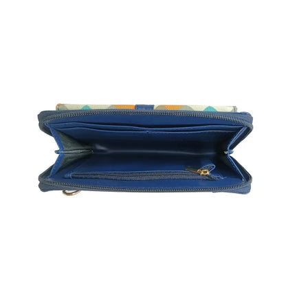 Blue vegan leather crossbody wallet for women and girls, stylish Ekom brand handbag with multiple compartments.
