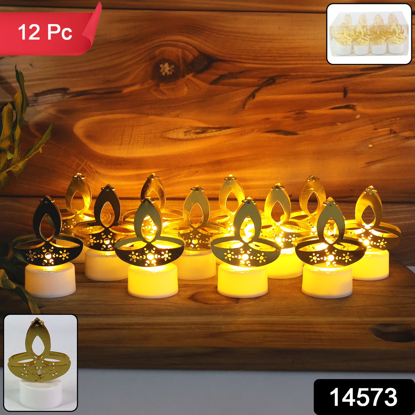 Set of 12 Wukusy golden diya-shaped LED tealight candles for home decor, with warm glowing light and intricate diya design.
