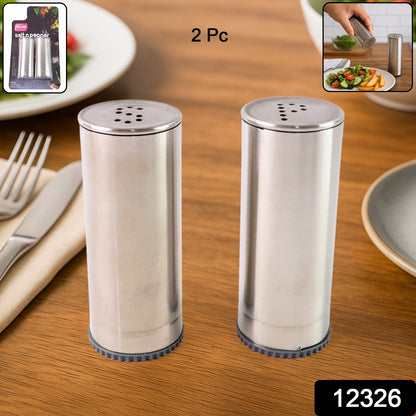 Wukusy stainless steel salt and pepper shakers set, two-piece with sleek, shiny finish, standing side by side on a white surface.