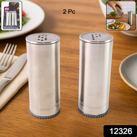 Wukusy stainless steel salt and pepper shakers set, two-piece with sleek, shiny finish, standing side by side on a white surface.