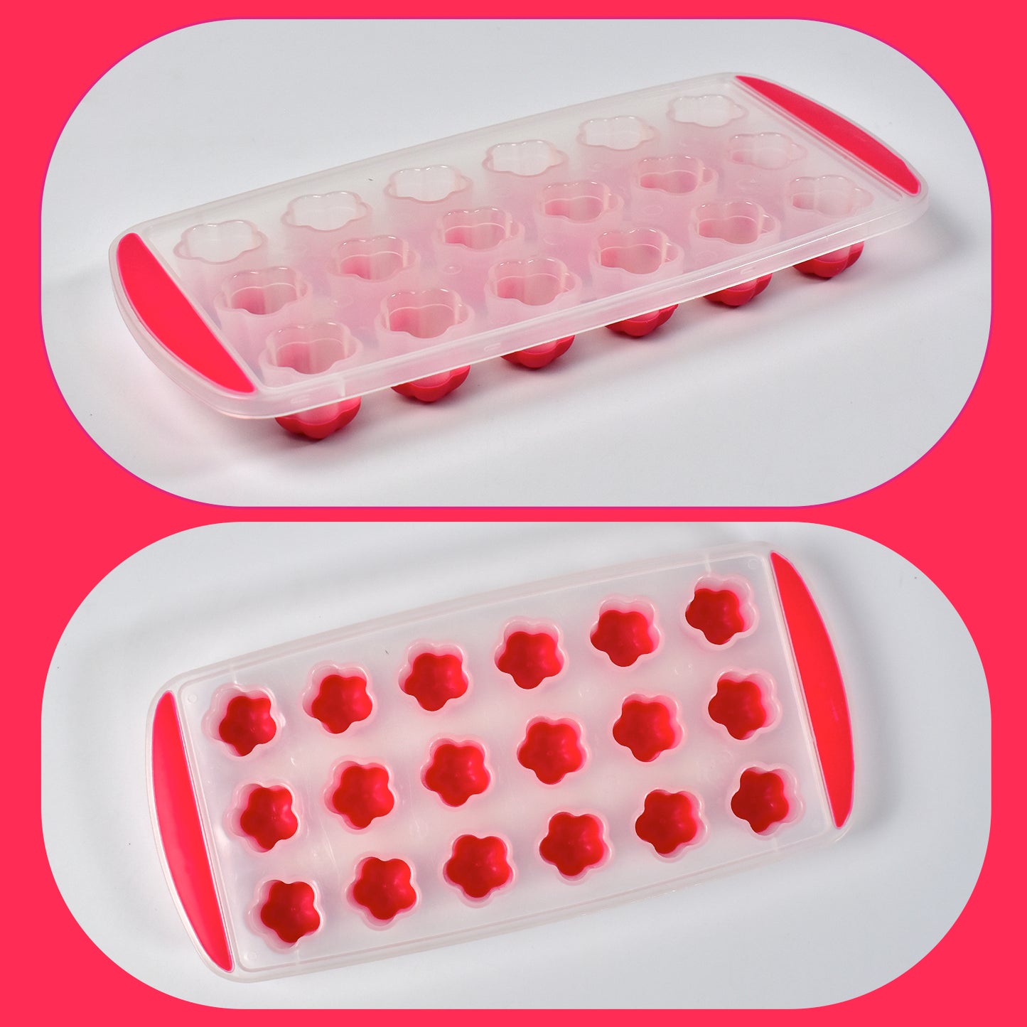 Wukusy 7165 flower-shaped ice mold with 18 cavities, small flower ice cubes in a clear tray on a white background.
