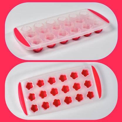 Wukusy 7165 flower-shaped ice mold with 18 cavities, small flower ice cubes in a clear tray on a white background.