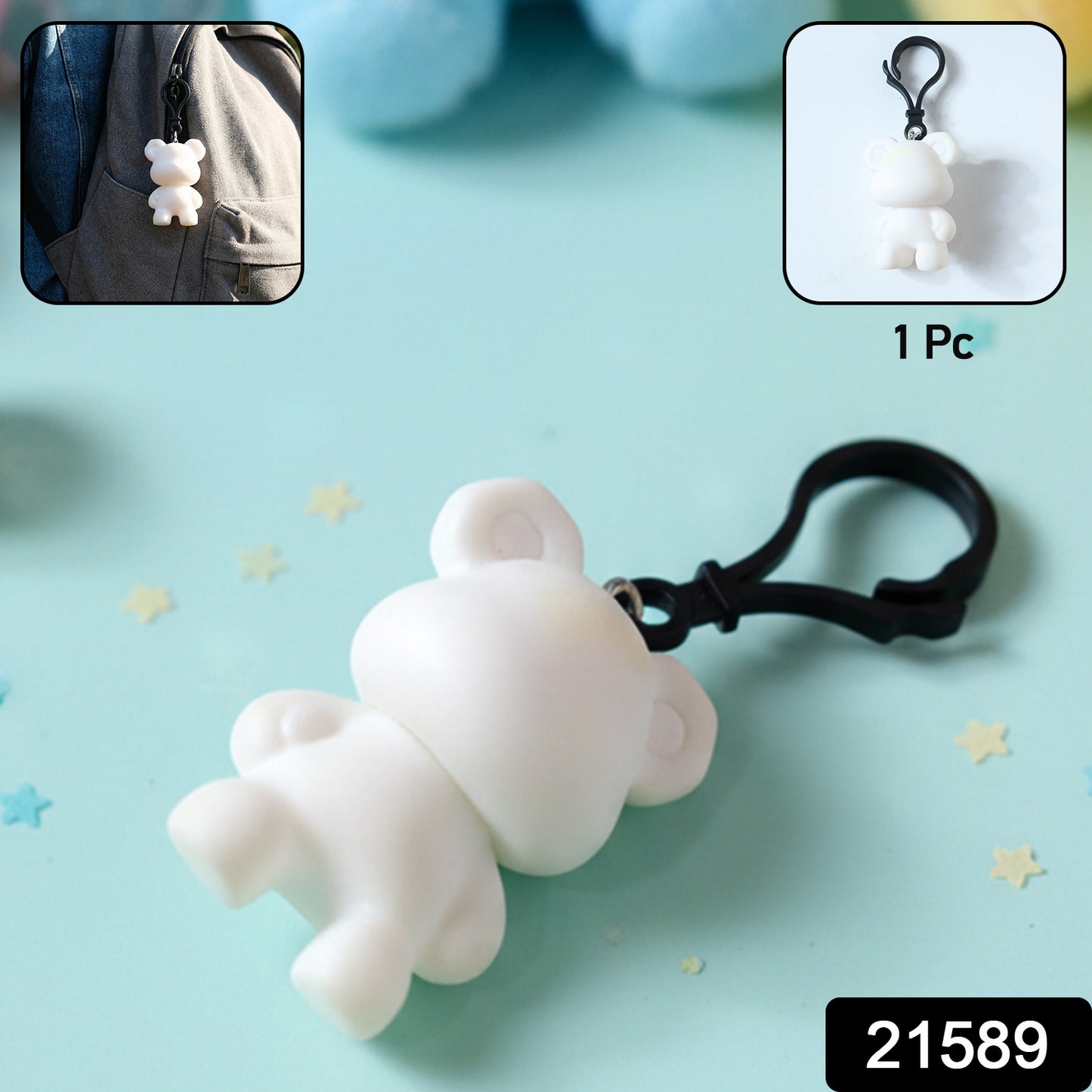 Wukusy cute bear figure keychain hanging from a set of keys, featuring a small, adorable bear design in soft colors
