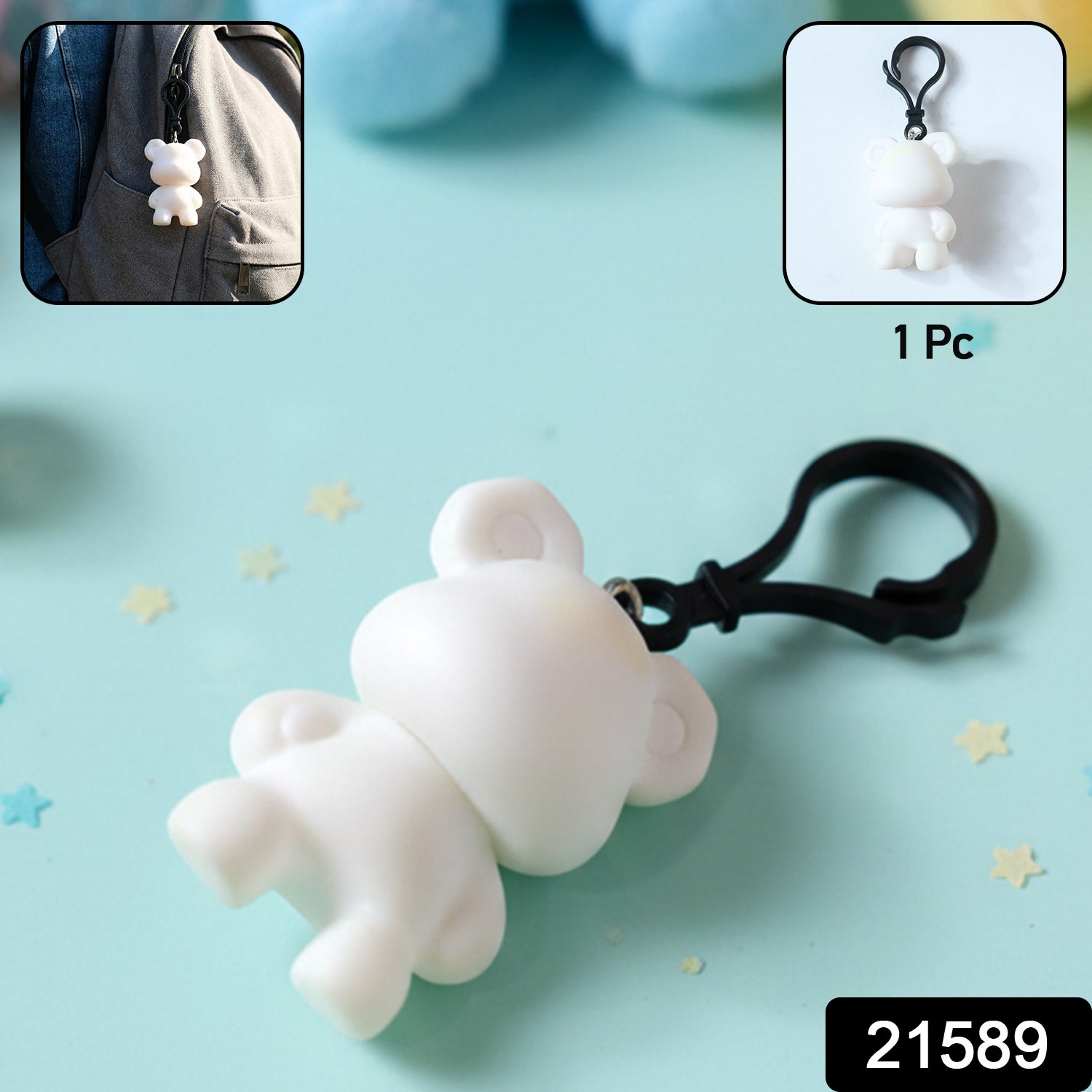 Wukusy cute bear figure keychain hanging from a set of keys, featuring a small, adorable bear design in soft colors