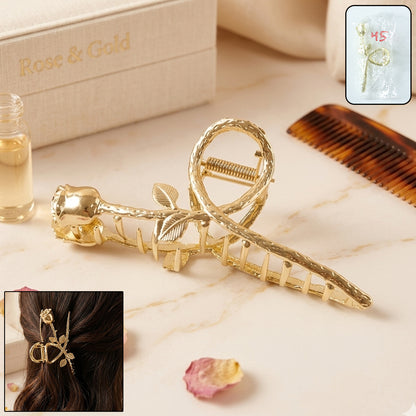 Gold rose design hair claw clip by Wukusy, elegant accessory with intricate floral detail for securing hair.