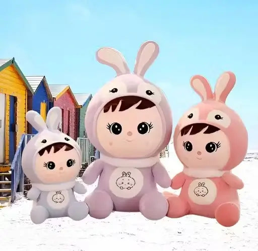 Pink plush stuffed doll with bunny cap by Ekom, soft toy for kids and girls, perfect for cuddling and play.