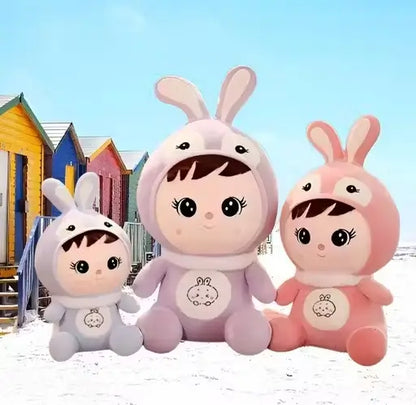 Pink plush stuffed doll with bunny cap by Ekom, soft toy for kids and girls, perfect for cuddling and play.