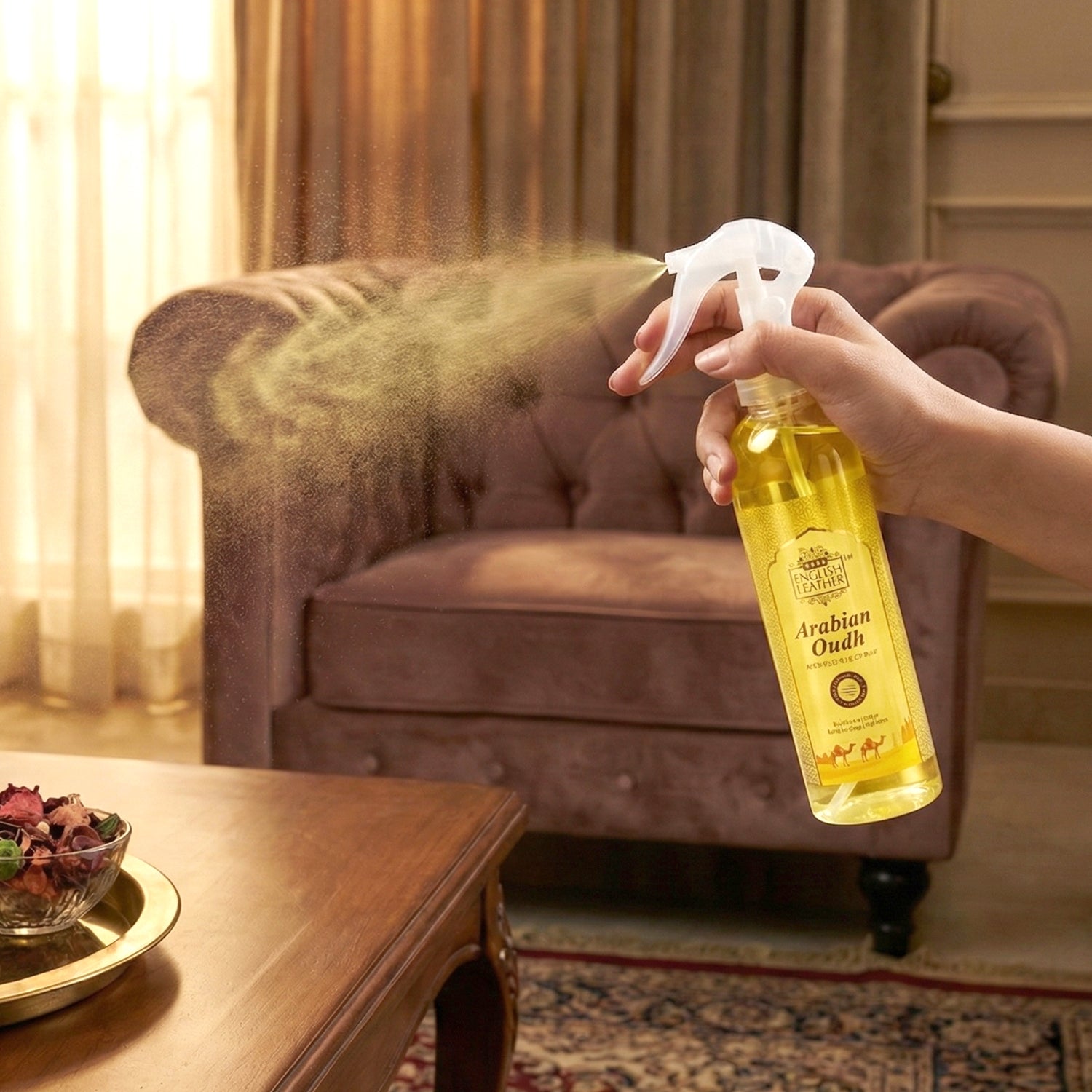 Wukusy Arabian Oudh air freshener spray for home and office, 250ml bottle with elegant packaging and Oudh fragrance.