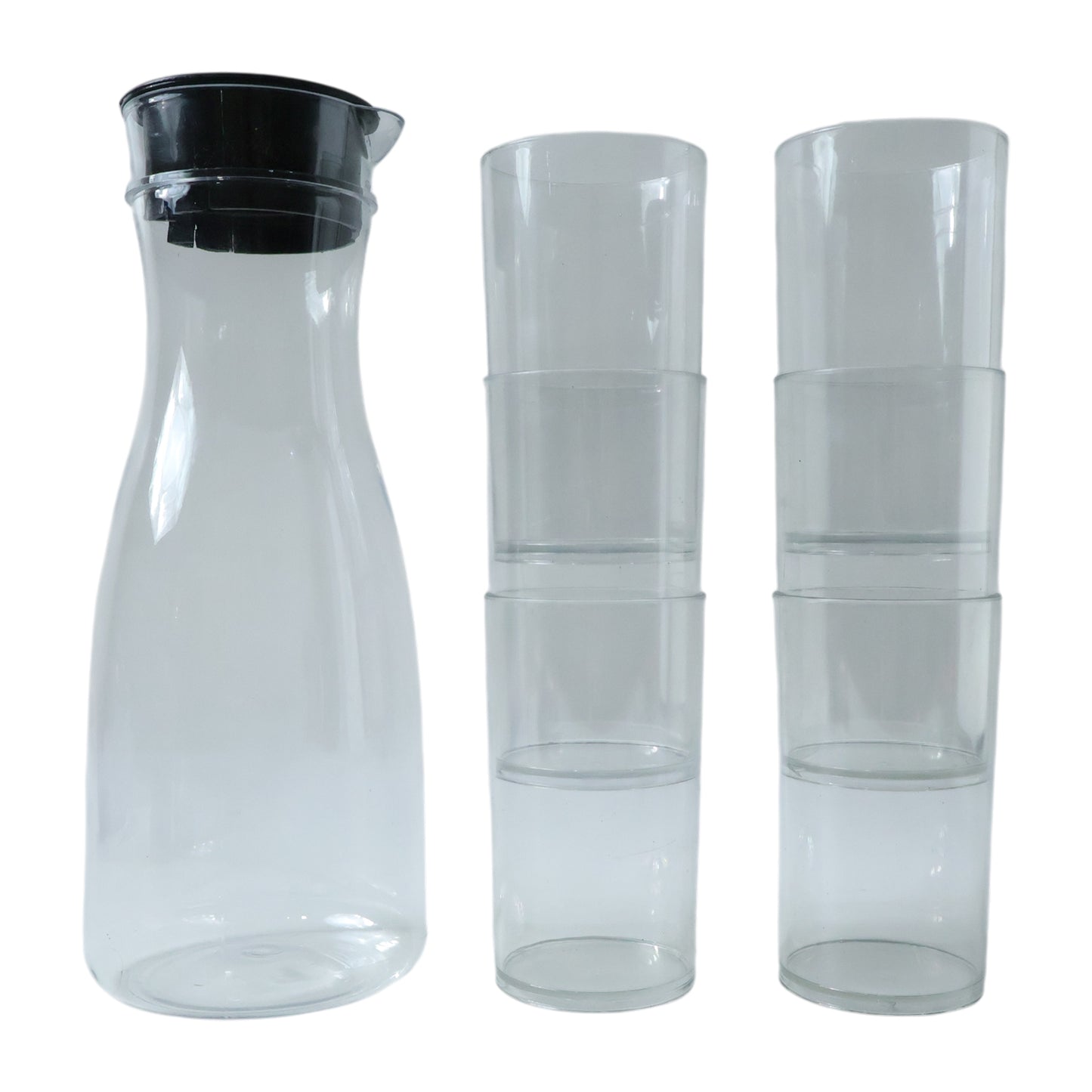 Wukusy Prexo plastic water jug (1000ml) with six 300ml drinking glasses arranged on a table.