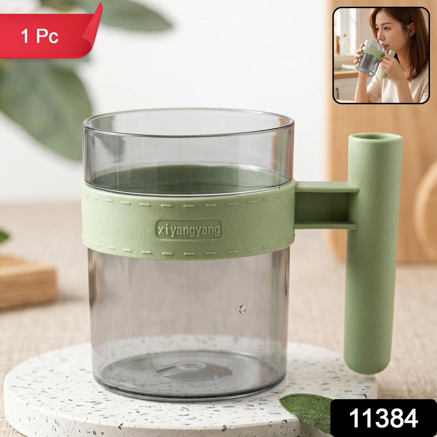 Transparent plastic reusable cup with handle for water, tea, and coffee, by Wukusy, shown with a clear view of the mug's shape and handle.