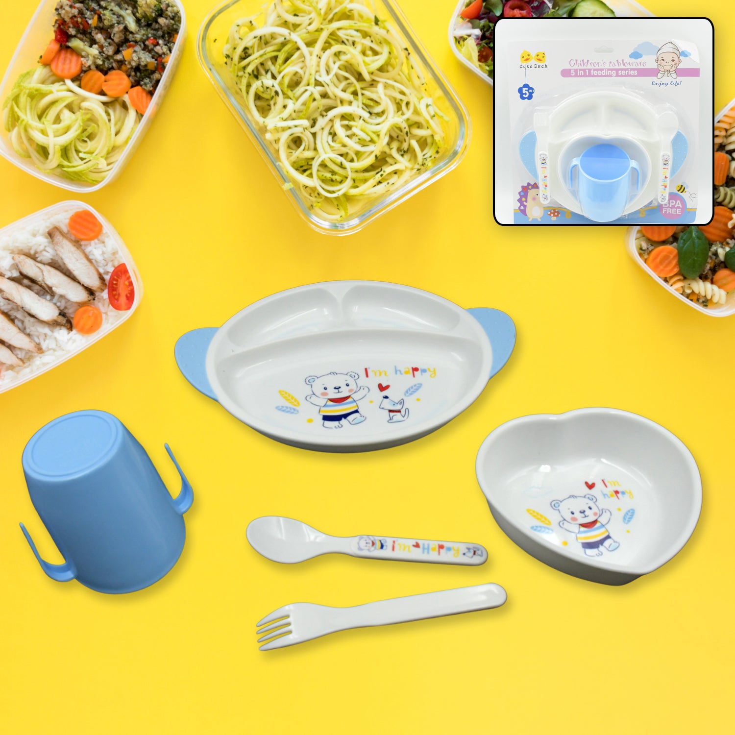 Wukusy 5-in-1 baby feeding set with cartoon plates, cups, spoon, and fork, microwave and dishwasher safe for kids and toddlers