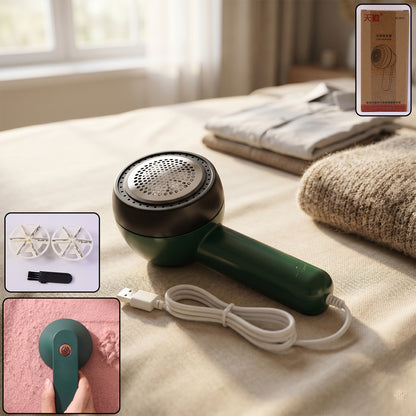 Wukusy electric lint remover with brush showing handheld device removing lint from fabric surface.