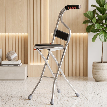 Wukusy folding walking stick with seat and backrest, 4-leg cane stool chair, portable support with armrests and sturdy design