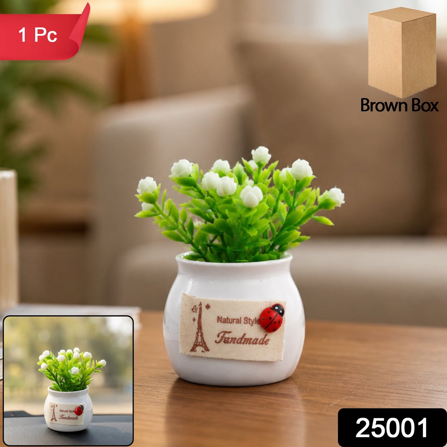 Mini artificial plant with white ceramic pot, decorative bonsai-style flower for home decor by Wukusy