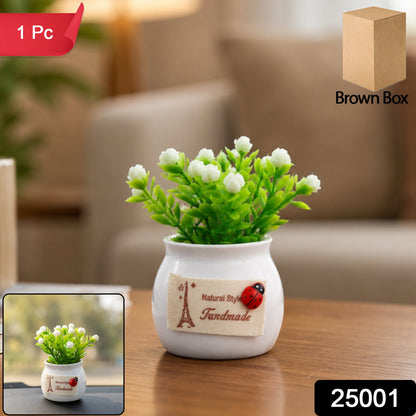 Mini artificial plant with white ceramic pot, decorative bonsai-style flower for home decor by Wukusy