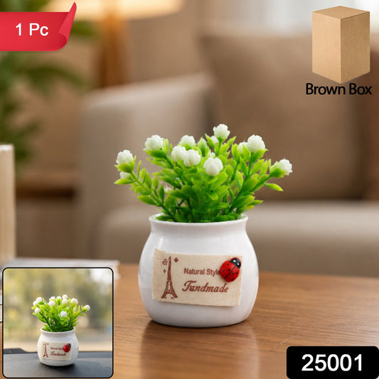 Mini artificial plant with white ceramic pot, decorative bonsai-style flower for home decor by Wukusy
