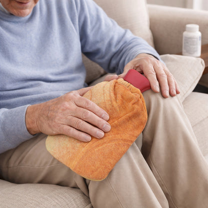 Wukusy reusable hot water bag with soft fabric cover, shown filled and ready for use, perfect for soothing warmth and comfort.