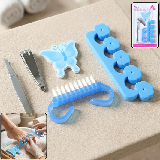 Wukusy Premium 5-in-1 Manicure Pedicure Kit with nail clippers, scissors, file, cuticle pusher, and tweezers on a white background.