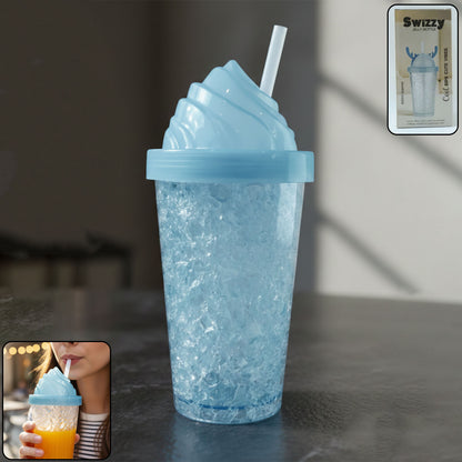 Wukusy cute ice cream swirl design tumbler sipper bottle, 500ml, with colorful swirl pattern and lid, for beverages.