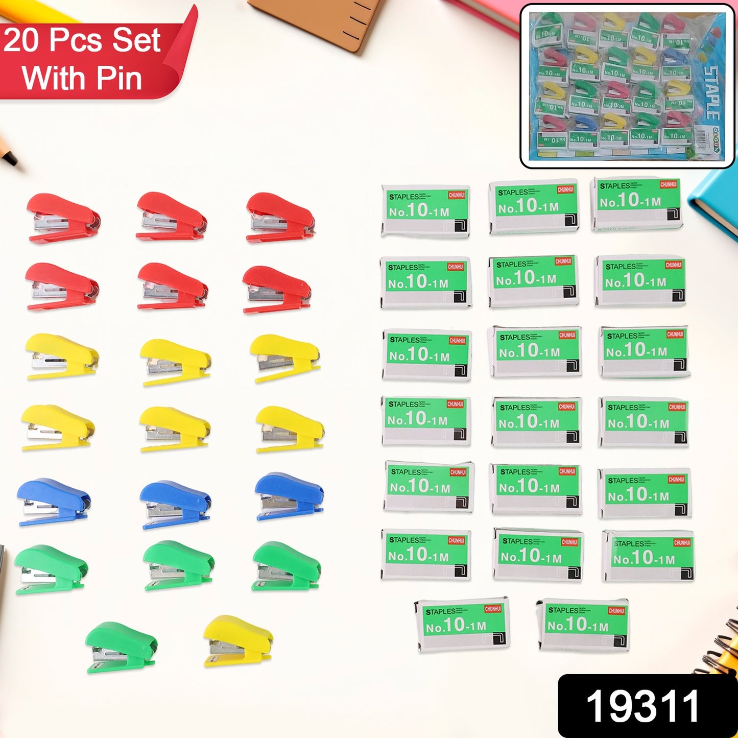Wukusy mini stapler set with assorted colored No.10 staplers and 20 pins, compact office supplies for binding papers.