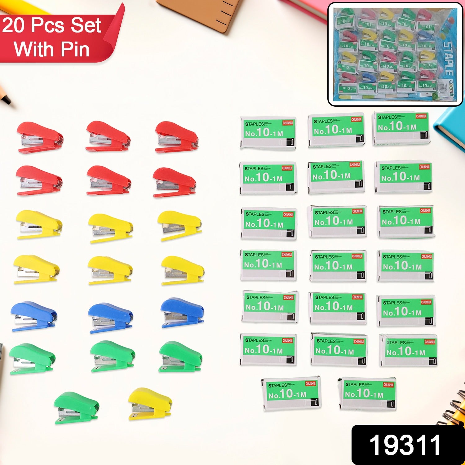 Wukusy mini stapler set with assorted colored No.10 staplers and 20 pins, compact office supplies for binding papers.