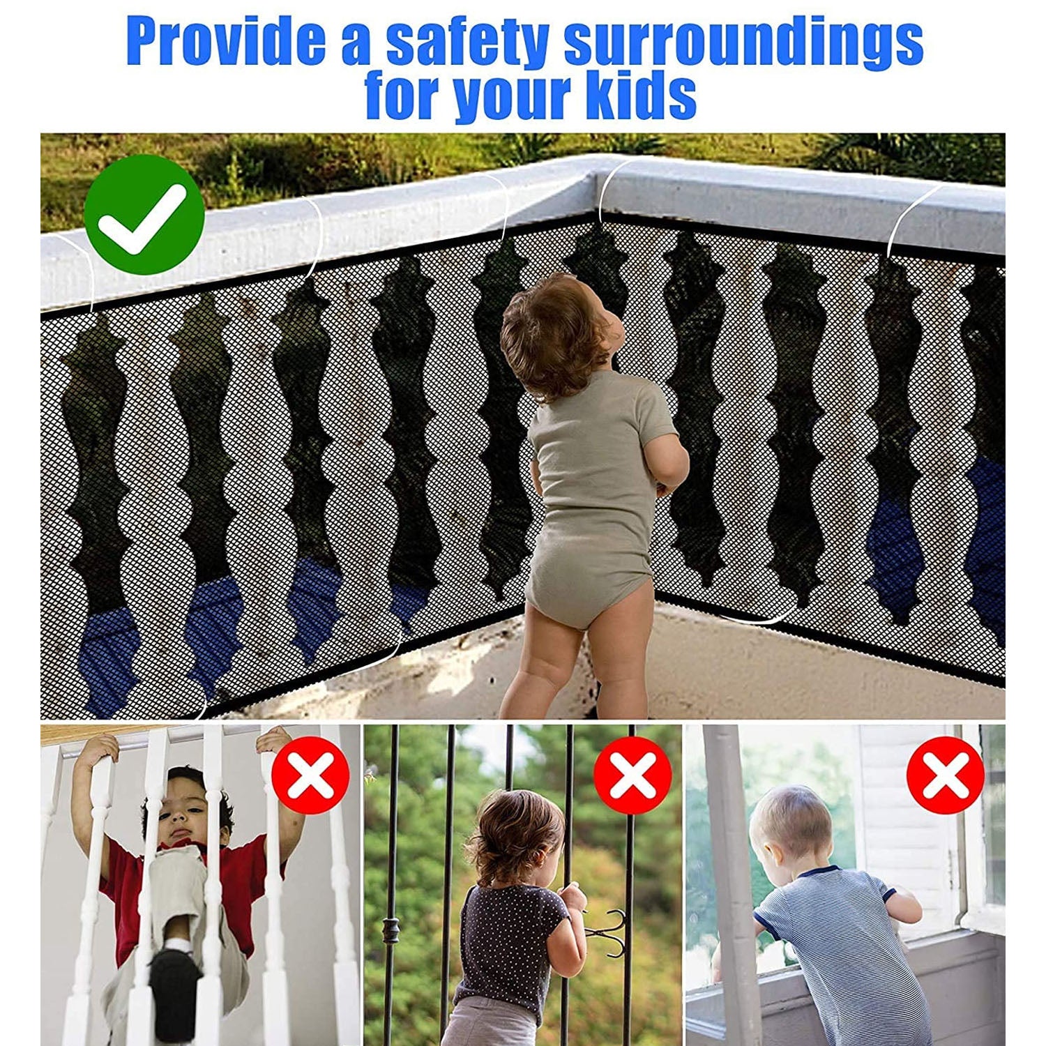 Wukusy Kids Balcony Safety Net set, 6 meters by 90 cm, showing the black mesh netting installed on a balcony railing for child safety.