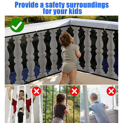 Wukusy Kids Balcony Safety Net set, 6 meters by 90 cm, showing the black mesh netting installed on a balcony railing for child safety.