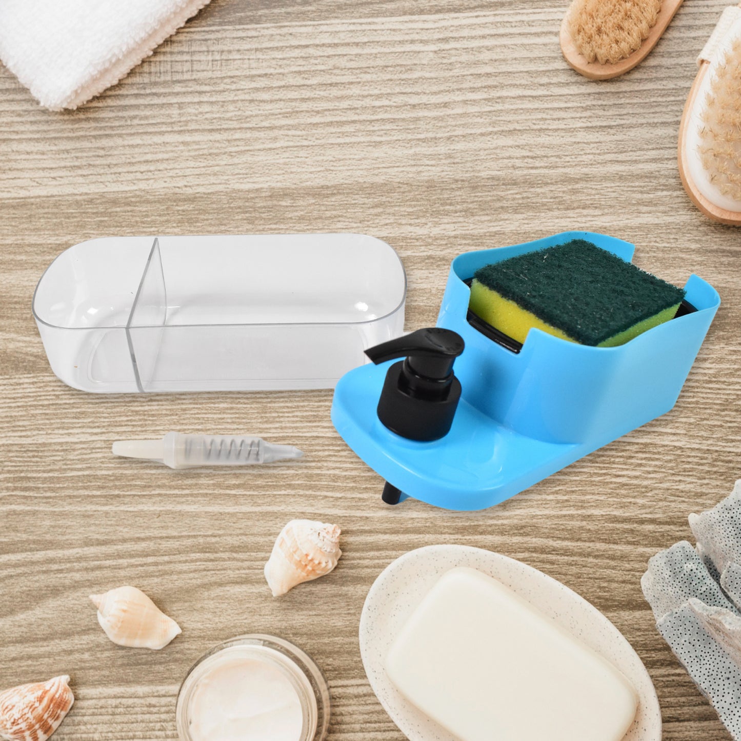 Wukusy 3-in-1 dishwashing and handwash liquid soap dispenser with multiple compartments for kitchen use.