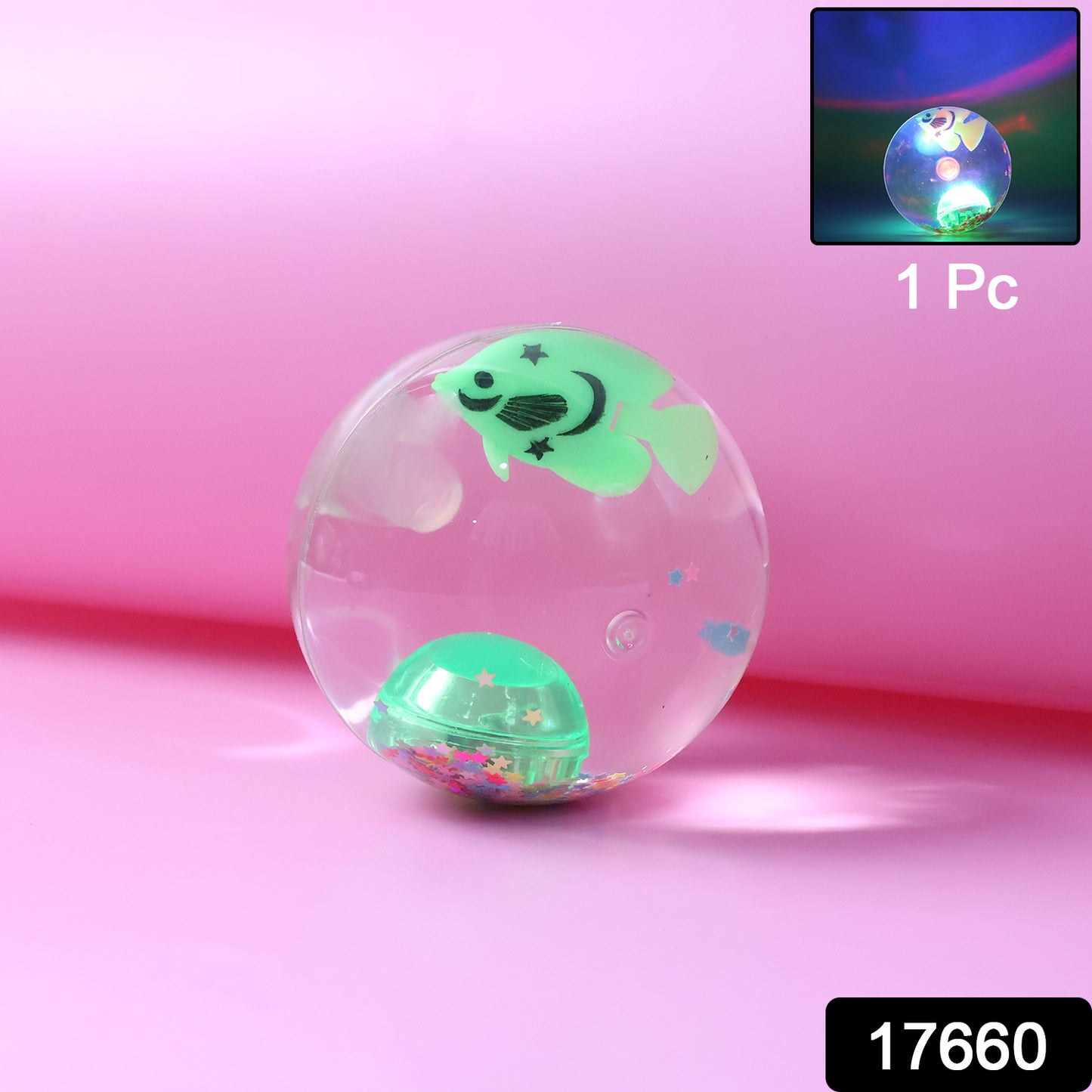 Light-up bouncy fish toy from Wukusy with impact-activated LED flashing for sensory play and entertainment.