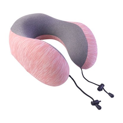 Pink and grey U-shaped travel neck pillow by Wukusy with drawstring toggle for comfortable support during travel