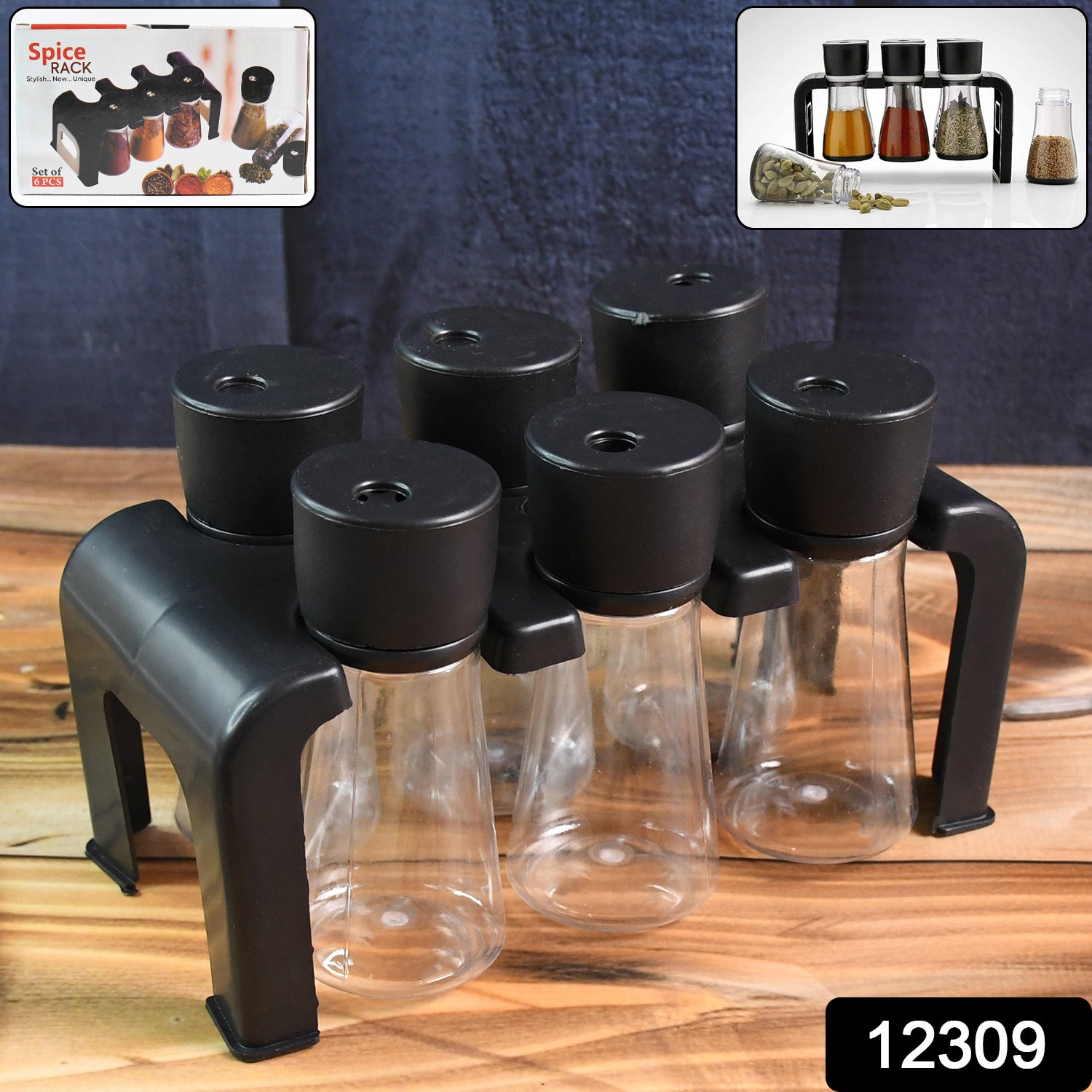 Wukusy 6-piece plastic spice jar set with stand for kitchen storage, featuring clear jars and a countertop spice organizer.