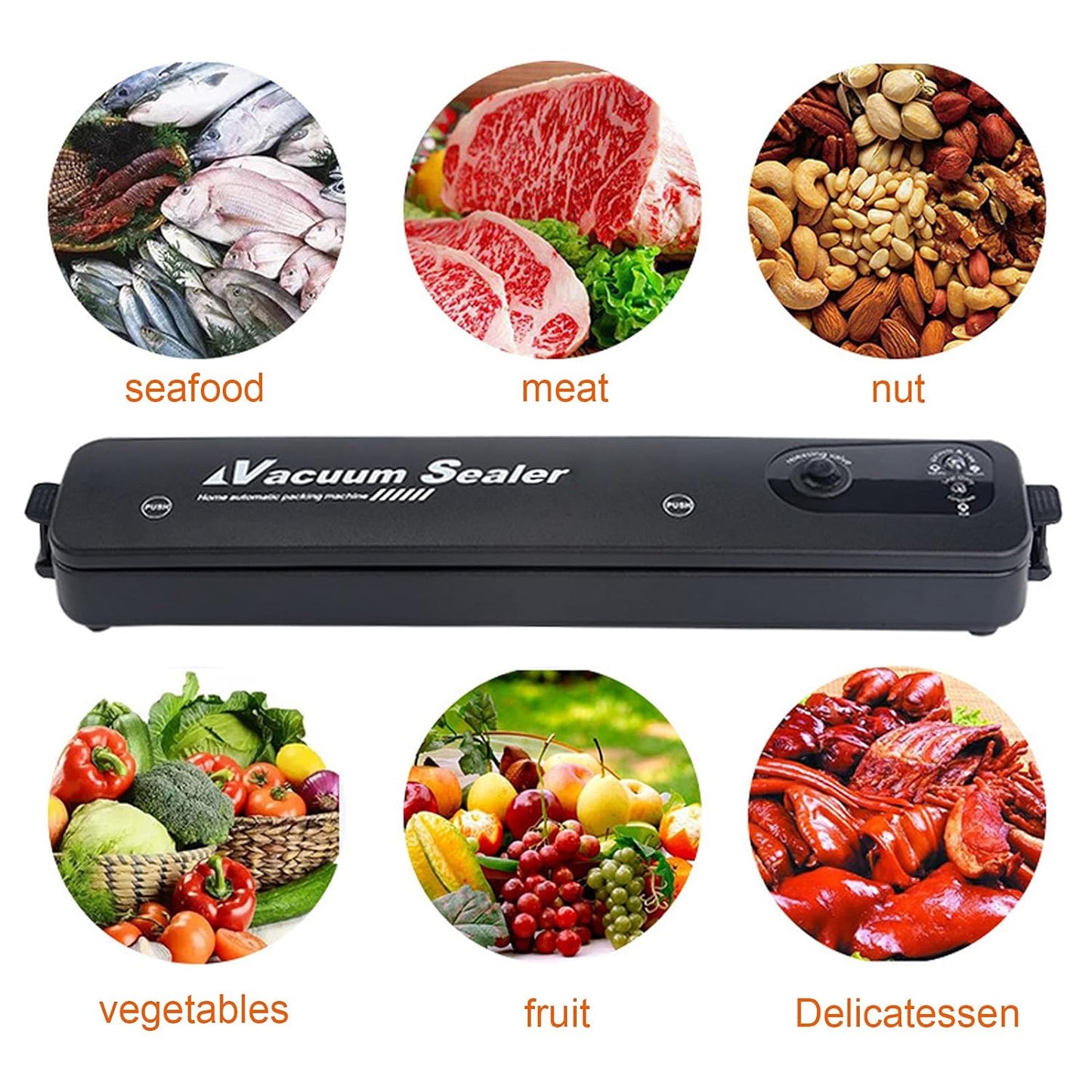 Wukusy vacuum sealer machine with 10 plastic bags for home kitchen use, featuring a compact design and sealing controls.