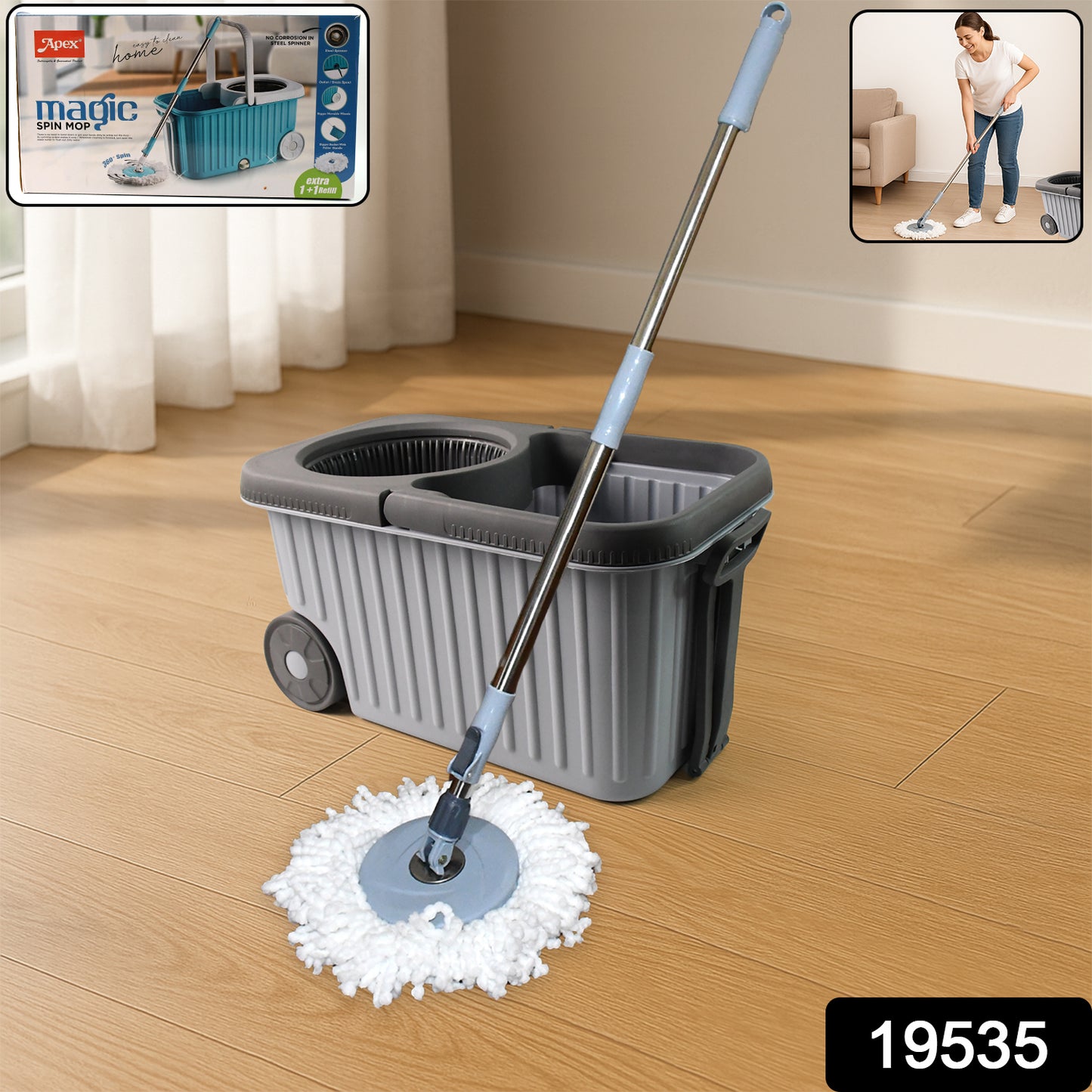 Wukusy Apex Magic Spin Mop cleaning set with dual chamber bucket on wheels, featuring a mop with adjustable handle and cleaning head.