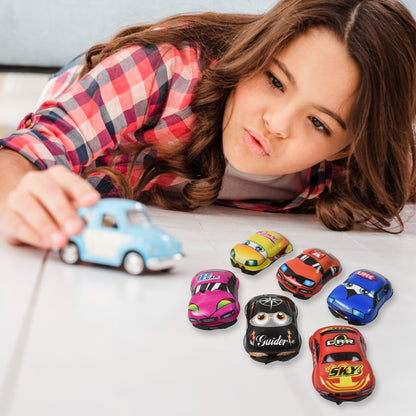 Set of 12 Wukusy mini pull back cars and airplane toys made of PVC plastic, featuring colorful cartoon designs for kids.