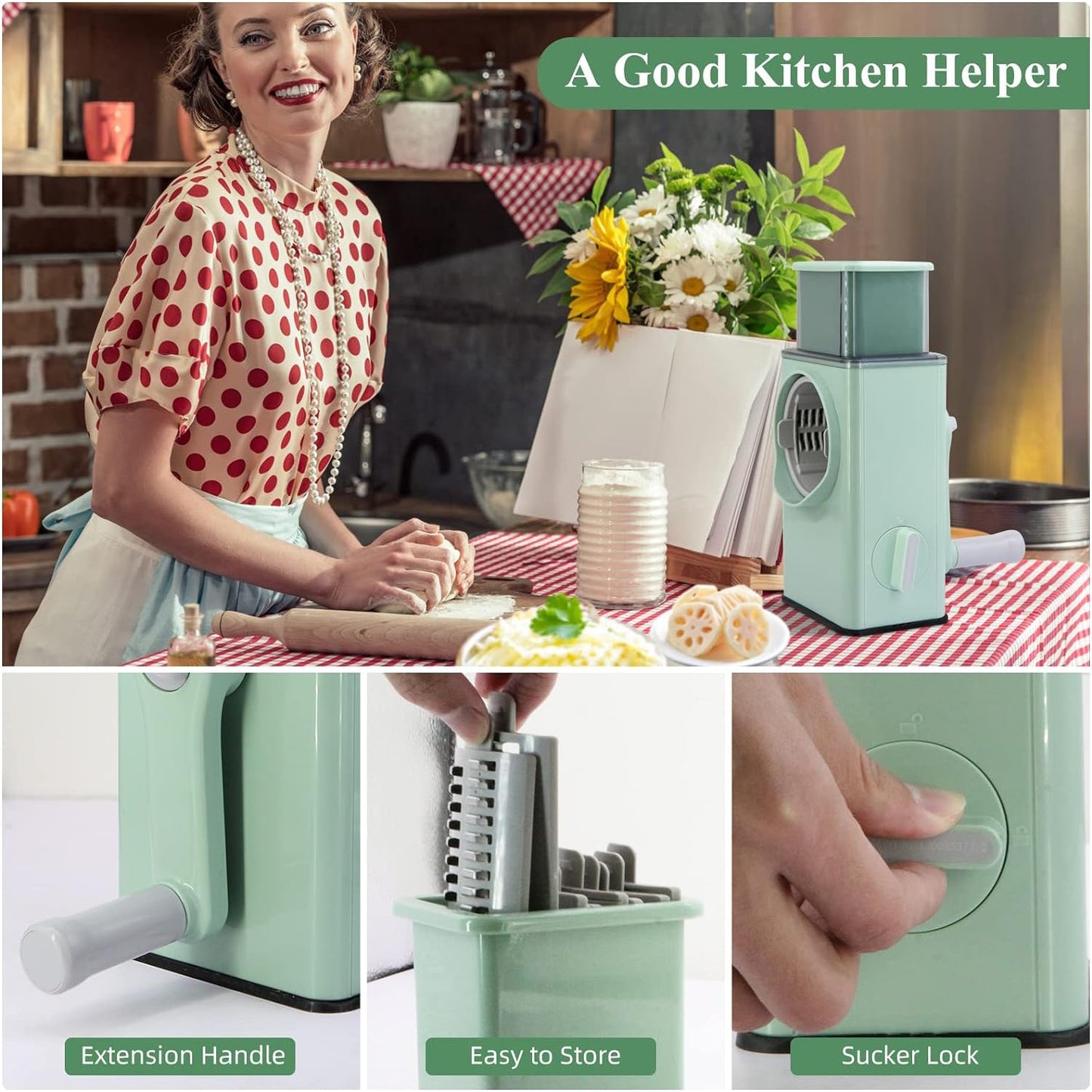 Wukusy stainless steel vegetable chopper with 6 blades, featuring stable suction base, perfect for slicing, dicing, and preparing veggies.