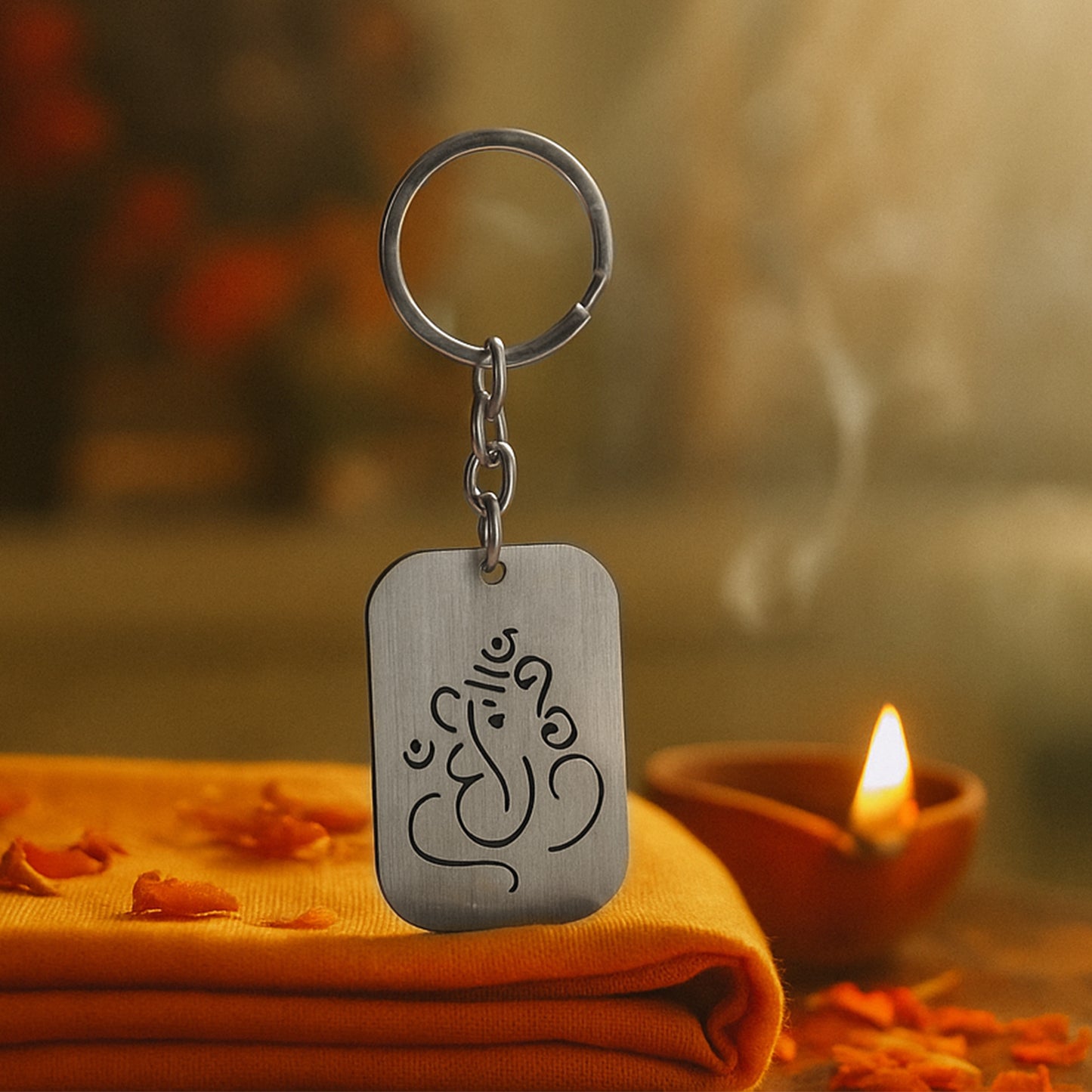 Wukusy auspicious Ganesh metal keychain with intricate cut-out design, perfect for home improvement accessories.