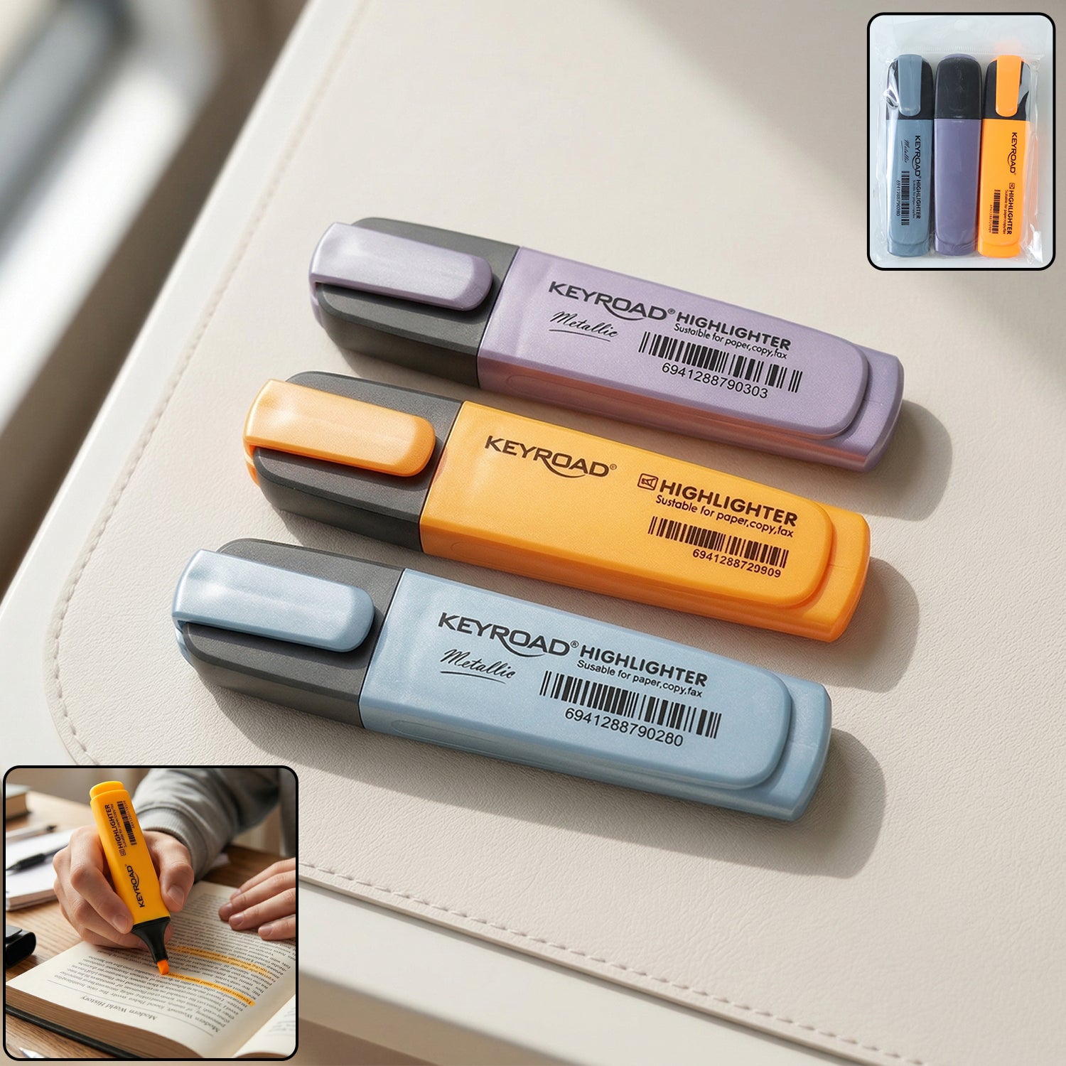 Set of three Wukusy highlighter marker pens with vibrant ink colors on white background, ideal for highlighting and note-taking.