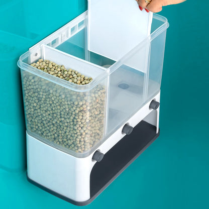 Wukusy 2550 Easy Flow cereal dispenser for kitchen, wall-mounted 3-in-1 push button container with clear plastic body and measuring window.